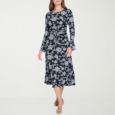 This Marc New York women�s fit and flare dress is an instant style winner for any social gathering or work. Made from a floral-print stretch fabric, this midi dress has a round neckline, 3/4 bell sleeves and a belted waist for added definition. Wear it with heels.Features: BeltedClosure Type: ZipperNeckline: Round NeckSleeve Length: Long SleeveSleeve Style: Bell SleeveApparel Length: 45 Inches - BackDress Length: Midi LengthFiber Content: 5% SpandexFabric Description: ItyLining Material: Polyest Flare Dresses, Marc New York, Social Gathering, Fit N Flare Dress, Petite Dresses, Belted Dress, Fit And Flare Dress, Fit Flare Dress, Dress Blue