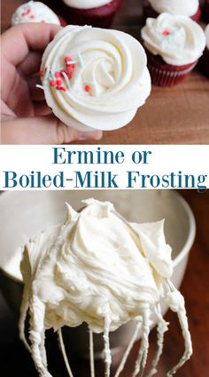 a person holding a white frosted cupcake in their hand with the words feminine or boiled - milk frosting on it