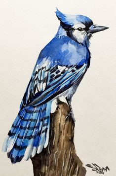 a painting of a blue bird sitting on top of a piece of wood with its beak open