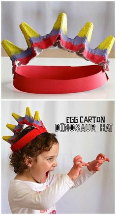 an egg carton dinosaur hat for toddlers to make with construction paper and duct tape