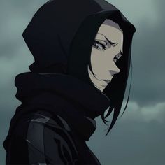 a woman with black hair wearing a hoodie and looking at something in the distance