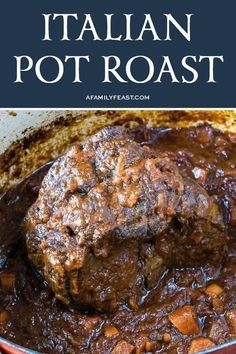 a close up of a pot roast with meat in it and the words italian pot roast above it