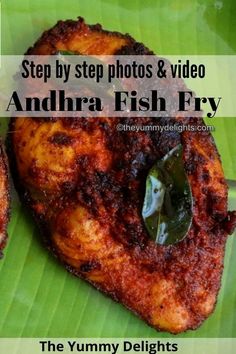 two pieces of fried fish sitting on top of a green leafy plate with the words, step by step photos & video