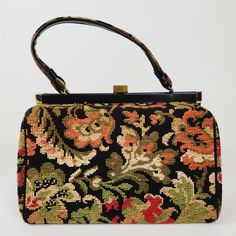 Bag is in good preowned condition, normal vintage wear, a few small snags. It measures 11 1/2" wide x 8" tall x 5" deep. Please see pictures for details. Tapestry Handbags, Casual Purse, Vinyl Trim, Vintage Everyday, Carpet Bag, Floral Tapestry, Vintage Purses, Vintage Casual, Vintage Wear