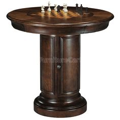 a wooden table with chess pieces on it