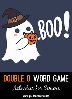 a poster with a ghost holding a pumpkin in it's mouth and the words boo on