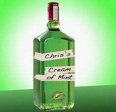 a bottle of green liquid with some writing on the label that says, christ's cream of mint