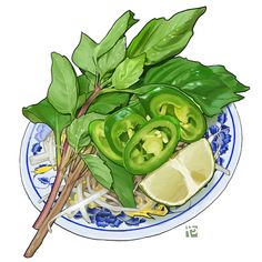 a painting of green peppers and noodles on a blue and white plate with chopsticks