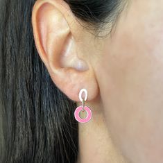 Add a pop of color with these beautiful round link stud earrings! The perfect addition to your jewelry collection.14K Yellow Gold2 Bubblegum Pink Enamel Round LinksEach earring measures: 10 x 18 millimetersSold as a pair Hypoallergenic Round Pink Gold Earrings, Hypoallergenic Pink Gold Round Earrings, Pink Enamel, Diamond Charm, Pink Pearl, Bubblegum Pink, Diamond Bracelets, Gemstone Bracelets, Gold Charm