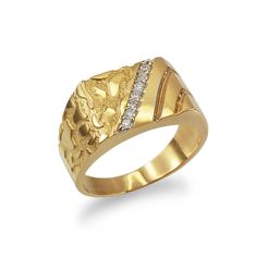 Gold Nugget Design Rectangular Diamond Accent Ring. Metal: Yellow Gold.Available in 10k and 14k.Weight: 6.4 g (10k); 7.5 g (14k).Top band width: 0.45 inch (11.7 mm).Bottom band width: 0.14 inch (3.5 mm).Finish: high polish.Stones: Diamond.Stone diameter: 1.7 mm.Stone quantity: 7.Clarity: SI 1-2.Color: G-H.Total carat weight: 0.1 ct. (Approximate).Gender: Men's. Made in Los Angeles, USA. Mens Ring Designs, Mens Gold Rings, Gold Ring Designs, Top Band, Los Angeles Usa, Gold Nugget, Ring Metal, Mens Gold, Black Rhinestone