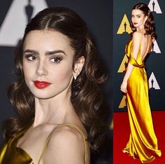 Hairstyle For Asymmetrical Dress, Hair For Asymmetrical Dress, Hairstyles For Square Neckline Dress, Lily Collins Hair, Bridesmaid Hair Inspo, Voluminous Waves, Square Neckline Dress, 70s Hair, Red Carpet Hair