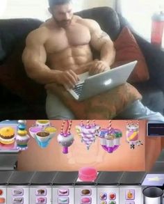 a man sitting on top of a couch next to a computer screen with images of food and drinks