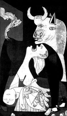 a black and white drawing of a man kissing a woman's face next to a bull