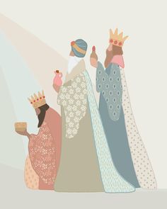 the three wise men are talking to each other in front of a white background with blue, pink and yellow colors