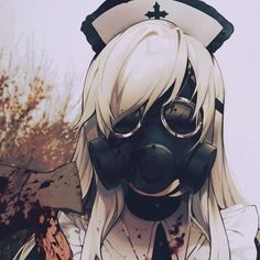 a woman with white hair wearing a gas mask