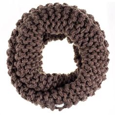 a gray knitted scarf with a loop around the end on a white background,