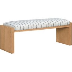 a wooden bench with white and black stripes on the seat cushion, against a white background