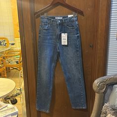 Zara Mom Fit Blue Jeans, Never Worn, High Rise, Slim Mom Leg, Ankle, Comfort Blue Mom Fit Straight Leg Bottoms, High Rise Blue Mom Fit Bottoms, High Rise Mom Fit Blue Bottoms, Trendy Blue Mom Fit Bottoms, Zara High Rise Blue Jeans, Zara High Waist Blue Jeans, Zara Blue Straight Leg Bottoms, Mom Slim, Zara Jeans