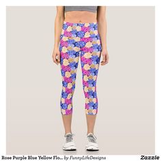 Rose Purple Blue Yellow Floral Pattern Cute Flower Capri Leggings Pretty Leggings, Cute Rose, Cute Flower, Yoga Wear, Capri Leggings, Printed Leggings