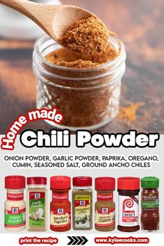 an advertisement for some kind of chili powder in a glass jar with wooden spoons