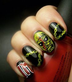 iron maiden nails Iron maiden, Nails, Nail art Dark Nail Art, Rock Nails, Stilleto Nails Designs, Imagenes Mary Kay, Band Nails, Union Flag, Mens Nails, The Trooper, Piece Of Mind