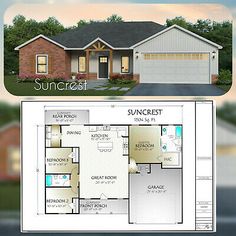 the suncrest floor plan is shown in two different colors and features an attached garage