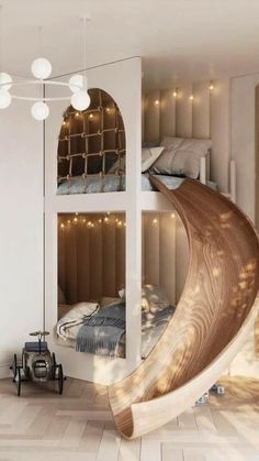 a bedroom with bunk beds and a slide in the middle of the room, as well as other furniture