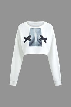 Body Print Round Neck Long Sleeve Crop Top Trendy Summer Outfits, List Style, Tops Fall, Long Sleeve Crop, White Crop Top, New Tops, Autumn Fashion Women, Aesthetic Fashion, Long Sleeve Crop Top