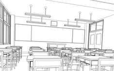 an outline drawing of a classroom with desks and chairs