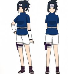 an anime character with black hair and blue shirt standing next to another character wearing white shorts