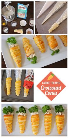 the process of making croissant cones with cheese and lettuce on them