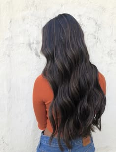 Waist Length Dark Brown Hair, Cool Dark Hair Color, Dark Brown Hair With Deminsions, Curled Hair Dark Brown, Baby Lights Black Hair, Brunette Waves Long, Chocolate Brown Balayage On Black Hair, Wavey Long Brown Hair, Long Dark Brown Wavy Hair