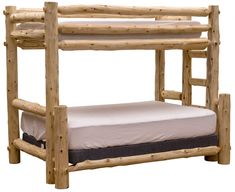 a wooden bunk bed with two mattresses