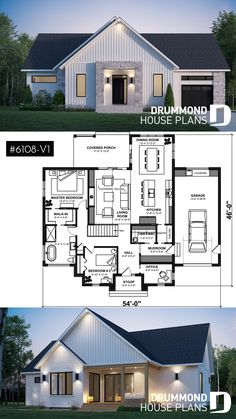 two story house plan with 3 car garage and living room in the middle, one bedroom on