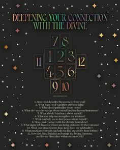 a poster with the words deepening your connection with the divine and numbers on it