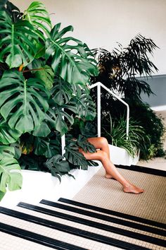 a woman sitting on the ground next to plants