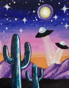 an acrylic painting of a desert scene with cacti and stars