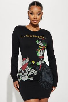 Available In Black. T-Shirt Dress Crew Neck Long Sleeves Ed Hardy Graphic Front And Back Screen Stretch Disclaimer: Due To The Printing Process A Difference In Saturation May Occur. Each Garment Is Unique. 80% Cotton 20% Polyester Imported | Ed Hardy Heart T-Shirt Dress in Black size Medium by Fashion Nova Ed Hardy Dress, Long Sleeve Tshirt Dress, Red Long Sleeve Dress, Heart T Shirt, Fashion Nova Dress, Mini Shirt Dress, Cute Simple Outfits, Black Shirt Dress, Ed Hardy