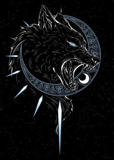 a wolf with its mouth open and it's teeth out in front of the moon