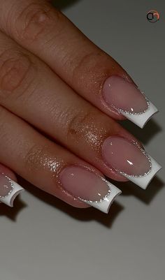 #nailtypes #frenchnails Glitter Lined French Tips, Square French Tip With Design, Nail Designs French Tip White, Short French Nails With Glitter, French Tips With Design Short, Square French Tips With Design, Nails Acrylic Square French Tip, Square Glitter French Nails, Square French Nails With Design