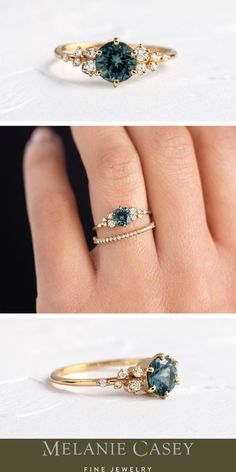 two different views of an engagement ring with blue and white stones on the side, one in