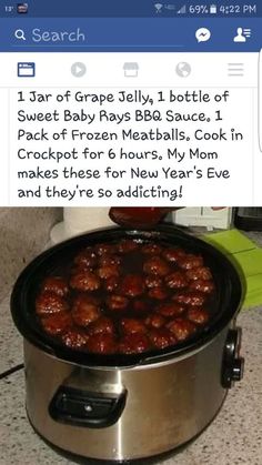 a crock pot filled with meatballs on top of a counter