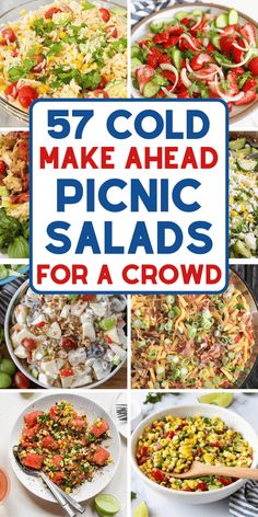 the collage shows different types of salads with text overlay that reads, 51 cold make ahead picnic salads for a crowd