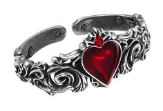 With sprung-hinged clasp made from fine polished pewter and an enamelled heart of passion and a red Swarovski crystal flame. Red Bangles, Gothic Bracelet, Alchemy Gothic, Heart Shaped Jewelry, Goth Jewelry, Red Jewelry, Gothic Outfits, Gothic Jewelry, Heart Bracelet