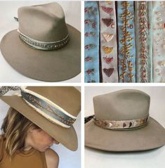 Hand embroidered hat bands. 7 different designs embroidered on silky ribbon with alternative side made of 6 different Liberty of London fabrics. Customize your options and create a completely unique hat band! Ribbon Hat Bands, Cowboy Hat Bands Diy, Hat Bands Diy, Hat Bands Diy Ideas, Cowboy Hat Bands, Hat Bands, Chapeau Cowboy, Boho Hat, Liberty Of London Fabric