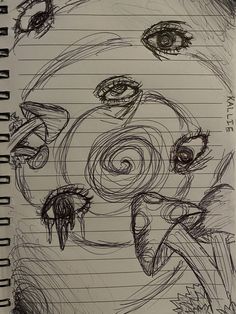 a drawing on lined paper with an eyeball in the center and another eyeball at the bottom