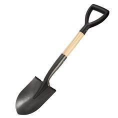 a black shovel with wooden handle on a white background