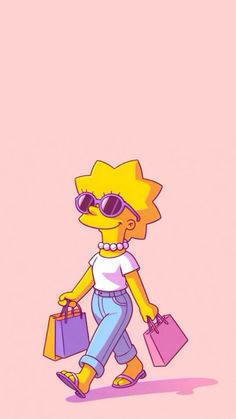 the simpsons is walking with some bags on his shoulder and sunglasses on her head,