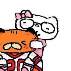 an image of a hello kitty and football player hugging each other's foreheads