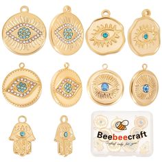 PRICES MAY VARY. [18K GOLD PLATED CHARMS]: Made of 18k gold plated stainless steel and rhinestone, more stable than brass, long-lasting brilliant, rhinestone like real diamonds, look glossy and shiny. [WHAT YOU GET]: You will receive 5 styles evil eye charms, each style 2pcs: hamsa hand, irregular with eye, 3 different size flat round with eye. [SIZE]: hamsa hand: 17.5x11x2mm, hole: 2mm; irregular with eye: 19x16.5x2.5mm, hole: 1.2mm; 3 different size flat round with eye: 21x18x2.5mm, hole: 1.4m Charms For Jewelry Making, Jewelry Kits, Craft Lovers, Jewelry Making Charms, Evil Eye Charm, Stainless Steel Pendant, Hamsa Hand, Plastic Beads, Real Diamonds